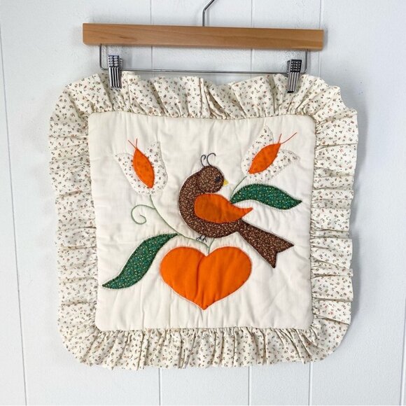 Vintage Other - Boho Cottagecore Ruffle Hem Patchwork Bird Heart Handmade Throw Pillow Cover